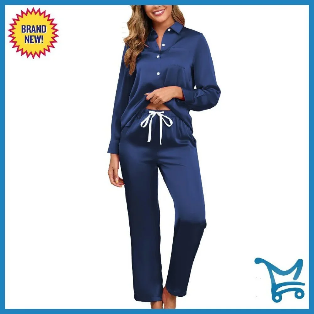 Women's Silk Satin Pajama Set Short Sleeve Button Down Lounge Sleepwear